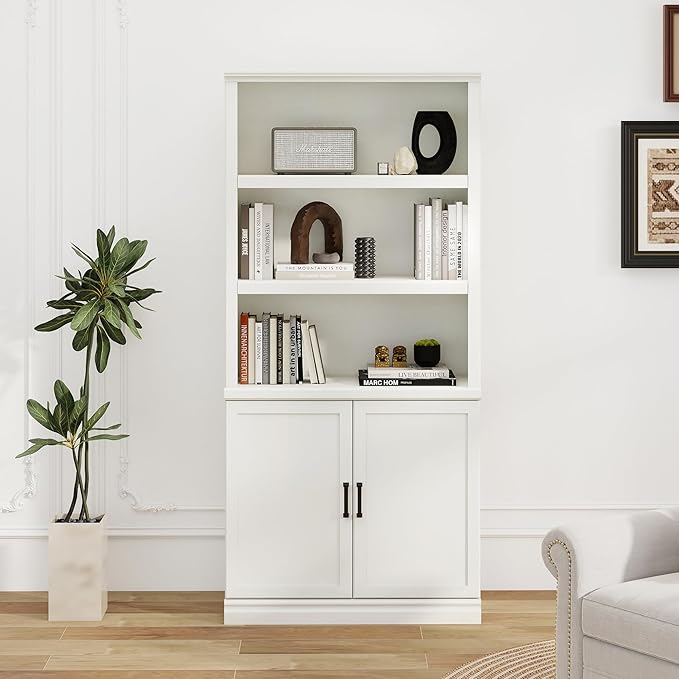 blini 5 Shelf Tall Bookcase with Doors White Bookshelf 31in Wide Display Standing Shelf 72in Tall Wood Book Shelves for Living Room Office Library