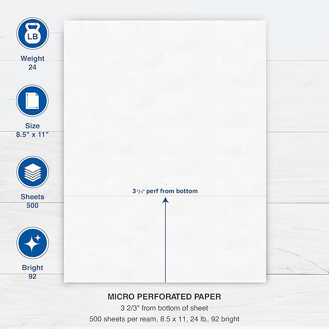 PrintWorks Professional 3 2/3" Horizontal Perforated Paper 8.5” x 11” - Perfect For W-2, 1099, & Statement Use - Made in the USA - 500 Sheets - 24 lb - Printer Compatible - White (04126)