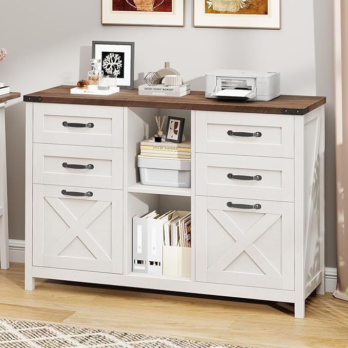 Lateral File Cabinet with 6 Drawers, Farmhouse Filing Cabinet for Letter/A4 Size, Wood File Storage Cabinets Printer Stand with Open Storage Adjustable Shelf for Home Office Cabinets, White and Brown