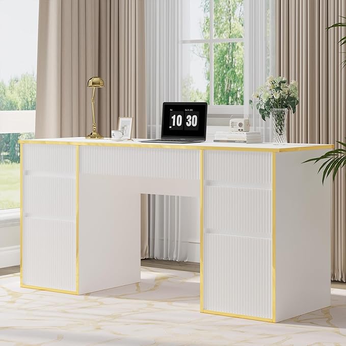 White Computer Desk with Drawers, 58 Inch Home Office Desk with 7 Drawers for Bedroom, Executive Desk with File Drawers for Small Spaces, White and Gold