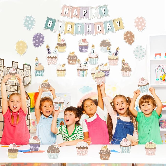 Leinuosen 45 Pieces Happy Birthday Bulletin Board Set Birthday Bulletin Board Decorations Classroom Chart Calendar Balloon Candle Cupcake Cutouts for Calendar Classrooms (Boho)
