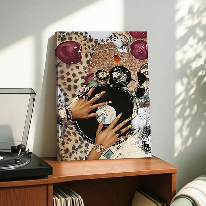 TUEASKY 3 Piece Canvas Wall Art Cheetah Wall Decor Y2K Pictures Vinyl Record Paintings Leopard Prints Lucky 8 Ball Artwork for Bedroom Game Room Bar Party