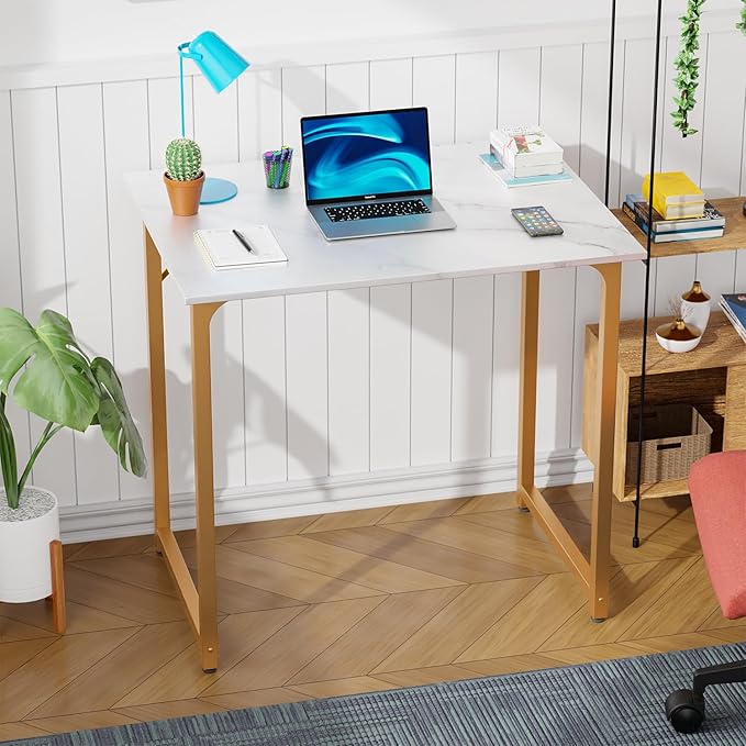 Dkelincs 32 Inch Small Computer Desk Home Office Desk Writing Desk Modern Simple Style Study Work Table with Metal Frame, Easy Assembly, Adjustable Feet, Water-Resistant, Scratchproof Surface, Gold