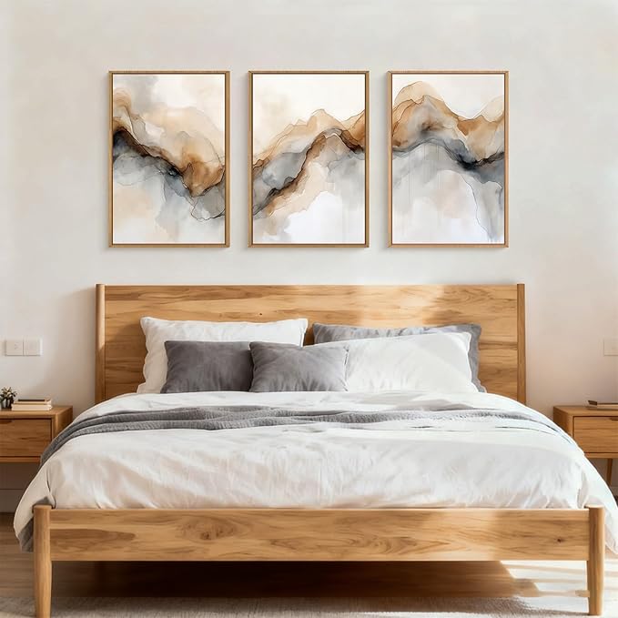 Ausril Abstract Neutral Framed Canvas Wall Art Set, Retro Watercolor Landscape Wall Decor, Modern Texture Art Prints, Minimalist Nature Wall Painting for Living Room, Bedroom, Office 16×24inches