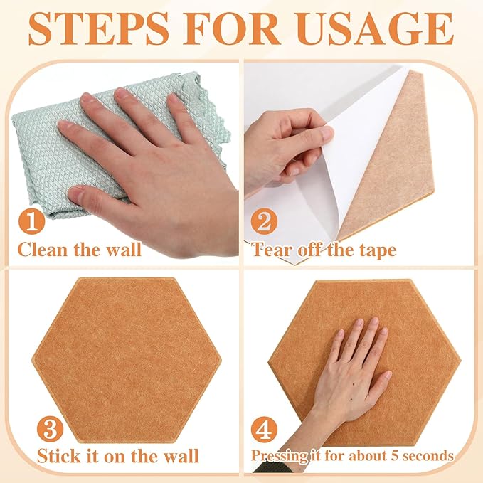 8 Pcs 12" Large Hexagon Felt Cork Bulletin Board Tiles Self Adhesive DIY Pin Board with 50 Push Pins and 10 Colored Clips, Wall Decor for Office Home Kitchen Photos Memos(Yellow)