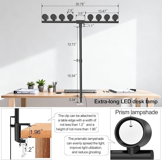 8 Light Sources Gooseneck Tree Desk Lamp with Clamp, 24W Eye-Care Bright LED Desk Light with Free Rotation, Dimmable Reading Table Light for Desktop Working,Drafting,Reading