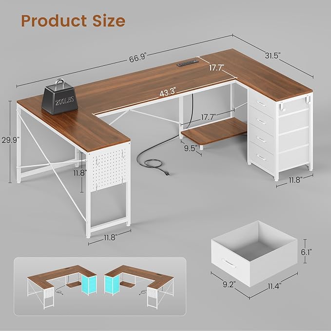 L Shaped Desk, 67" Reversible Computer Desk with 4 Fabric Drawers and Power Outlet, Corner U Shaped Desk with Shelf and Pegboard for Home Office, Brown+White