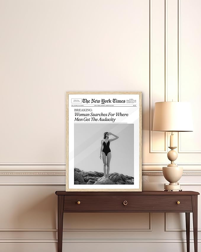 iHery Natural OAK Wood Framed Trendy NewsPaper Wall Art,12x16in Retro Magazine Canvas Wall Art, Funny Bathroom Decor,Woman Searches For Where Men Get The Audacity,Girly Bedroom Dorm Artwork 1Pack