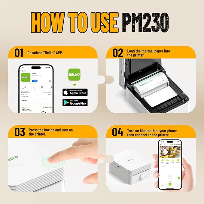 Nelko Sticker Printer, PM230 Print Pod Mini Bluetooth Portabel Sticker Maker with 3 Rolls Paper, Print Pods with Multiple Templates for Phone & Tablet, Smart AI APP Family, White