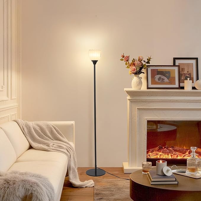 Floor Lamps for Living Room, Bedroom, Black Standing Lamp with 12W Bulb, Vintage Floor Lamp for Reading, Nursery, Corner (White Tulip)