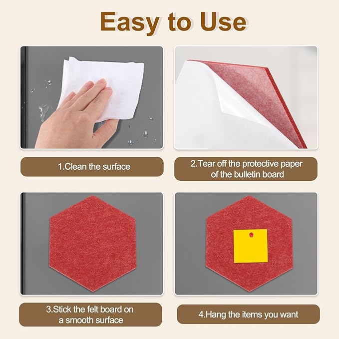 uxcell 6 Pcs Hexagon Felt Pin Board with 40 Pcs Pushpins 8.7" x 7.5" Self Adhesive Felt Bulletin Board Cork Boards for Walls Decorations Paste Notes Photos Schedules, Pink