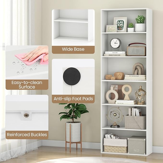 Giantex 6-Tier Bookcases Set of 2, 70" Tall Wooden Bookshelf, Freestanding Storage Organizer w/Open Shelves, Anti-Tipping Kits, Modern Floor Standing Display Shelves for Living Room, Bedroom, White