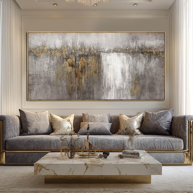 Neutral Canvas Arts Gold Wall Art Decor Framed Abstract Pictures Grey Prints Artwork for Living Room Bedroom Dining Room Home Office Decor 29”x58”