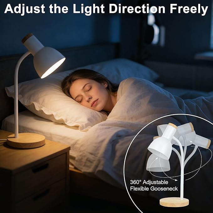 WLHONG LED Desk Lamp, Modern Table Lamps 3 Color Modes, Eye-Caring Reading Light, Desk Light with Adjustable Flexible Gooseneck, Study Lamp for Kids Audlt Bedside Dorm Room Essentials (White)