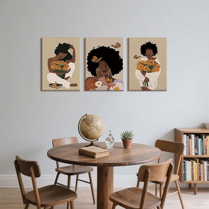 TUEASKY 3 Piece Canvas Wall Art African American Wall Decor Black Woman Pictures Sunflower Butterfly Paintings Abstract Prints Boho Artwork for Bedroom Bathroom