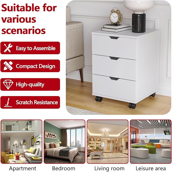 3 Drawer File Cabinet with Wheels, Heavy-Duty Steel Rolling Drawer Cabinet, Under Desk Filing Cabinet for Home Office Storage, 15.74" W x 15.74" D x 22.16" H (White)