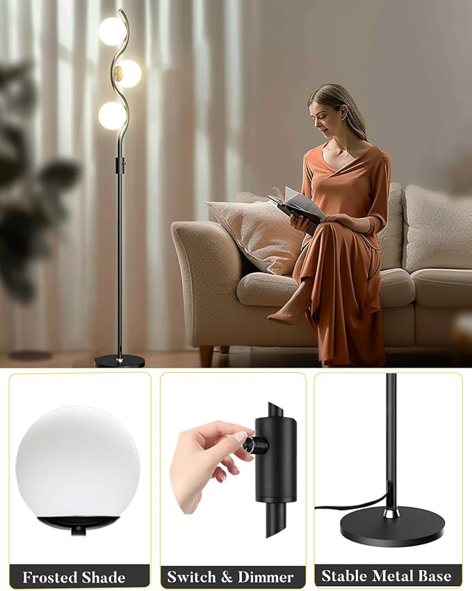 Lightdot 60IN 3-Globe Dimmable Black Floor Lamp Mid Century Standing Lamps with 3Pcs 3000K Warm White Bulbs Included Brightness Adjustable Modern Tall Lamp for Bedroom/Sofa Beside/Corner Decor