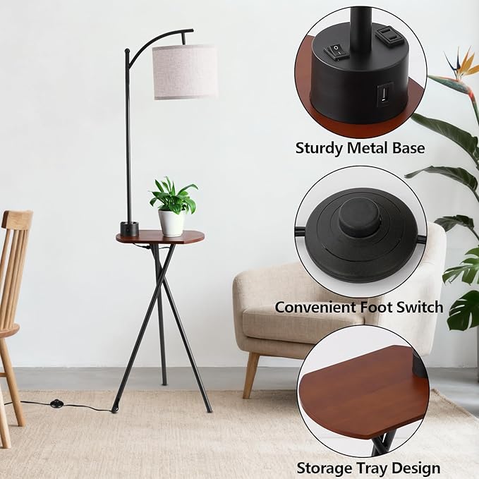 Floor Lamp with Oval Side Table, 3 Color Temperature 9W LED Bulb, Remote and Foot Switch Control, USB A and C Ports, Dual AC Outlets, 1-Hour Timer, Modern Lamp for Living, Bedroom, Black