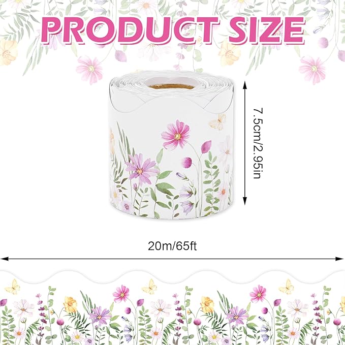 65Ft Watercolor Wild Floral Bulletin Boards Colorful Flower Butterfly Decorative Trim Border Seasonal Spring Board Trim for School Wall Blackboard Classroom DIY Crafts, 1 Roll