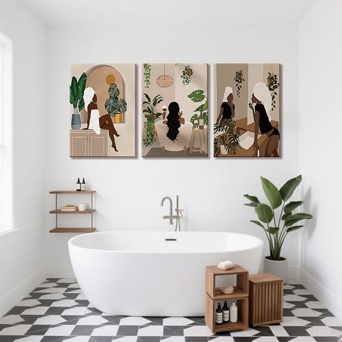 TUEASKY 3 Piece Canvas Wall Art Black Girl Wall Art Black Woman Paintings Prints Boho Pictures Wall Decor for Bathroom