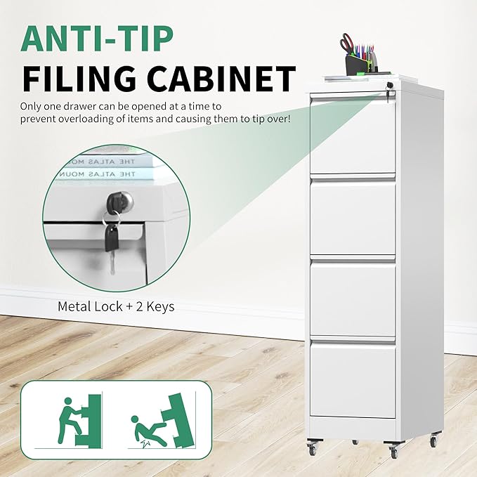 4 Drawer Mobile File Cabinet, Under Desk File Cabinet,Metal Filing Cabinets with Lock for Home Office Organizer Letter/Legal/A4,Require Assembly (White)