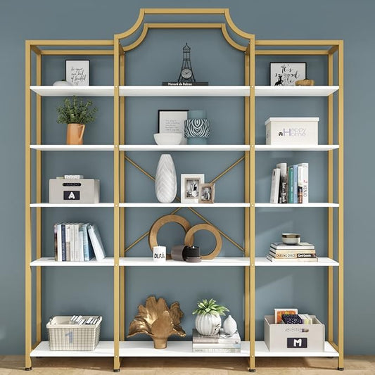 Auromie Triple Wide 5-Tier Bookshelf, 70.87" L x 79.13" H Extra Large Gold Bookcase, Tall Display Shelf with Metal Frame, Freestanding Etagere Storage Display Shelf for Home Office, White Gold