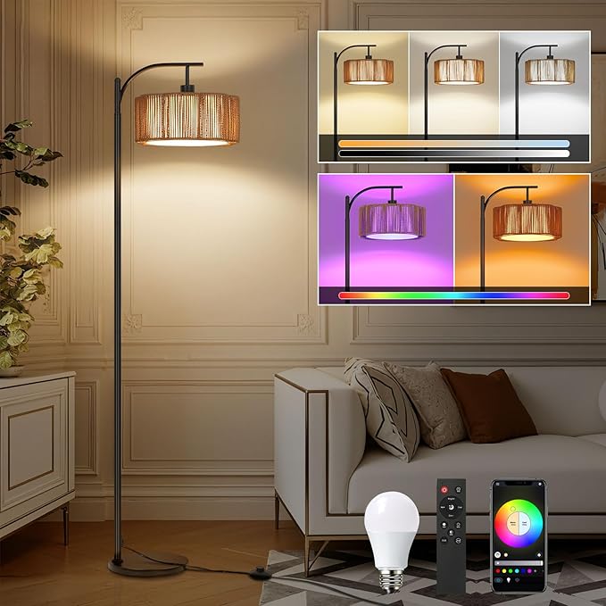 Boho Arc Floor Lamp for Living Room, Rattan Floor Lamp with Remote Control, Dimmable RGB LED Floor Lamps, Bohemian Black Standing Lamp Tall Lamp for Bedroom Office