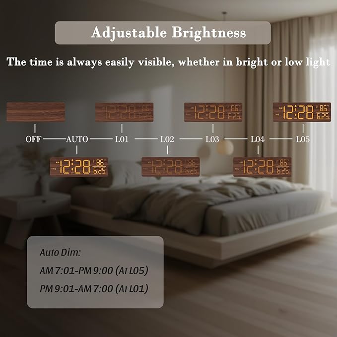 DreamSky Wooden Digital Alarm Clocks for Bedrooms – Large Display Desk Clock with Date & Day of Week for Living Room, Temperature, Dimmer, Adjustable Volume, Auto DST, Office Wood Décor (Plug-in)