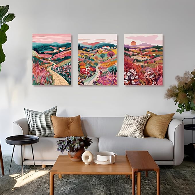 Hianan Framed Colorful Boho Landscape Wall Art, Nature Watercolor Floral Wall Decor, Bright Mountain Water Canvas Painting, Modern Sunsets Landscape Poster Prints For Living Room Bedroom 12"x16"x3
