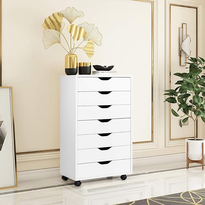 7 Drawers Filing Cabinet, Vertical File Cabinet for Home Office, Mobile Under Desk Office Storage Cabinets with Wheels (White, 7 Drawers)