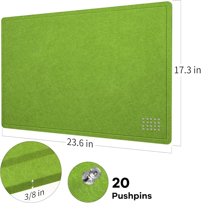 Bulletin Board, 24 x 18 inches Felt Board Decorative Pin Board, Cork Board Alternative for Wall, Foldable Photo Board Self-Adhesive Vision Board with 20 Pushpins - Foliage Green