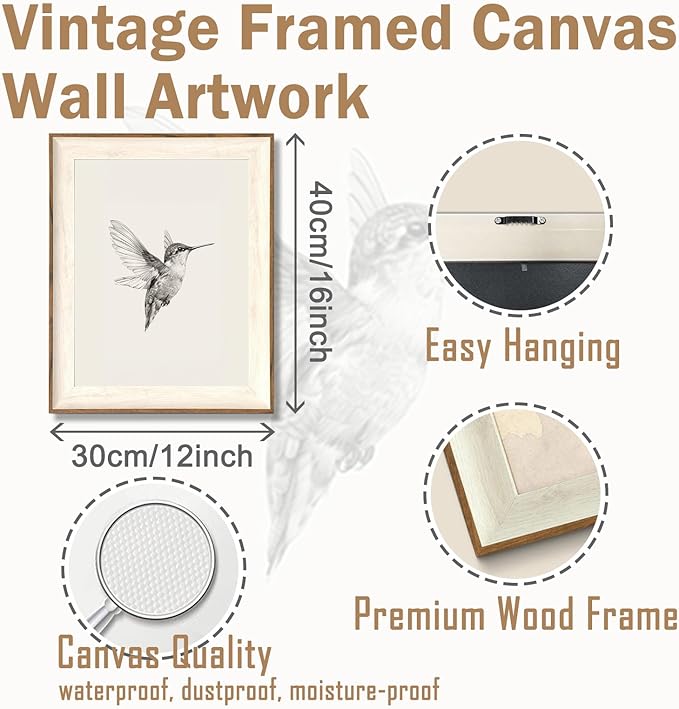 ASTRDECOR Hummingbird Wall Art Prints – Vintage Black and White Bird Sketch Painting Picture, Rustic Neutral Decor Canvas Wall Decor for Modern Home and Bedroom Decoration – Framed 12''x16''