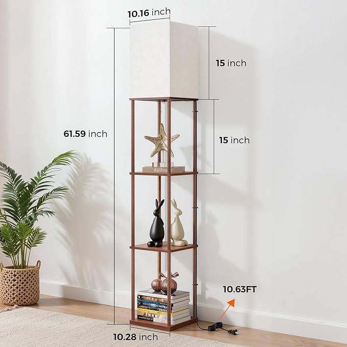 FOLKSMATE Floor Lamp with Shelves, 3-Tier Modern Square Bookshelf Floor Lamp, 3 Color Temperature Bulb Included, Floor Lamps for Living Room Bedroom Corner - Brown