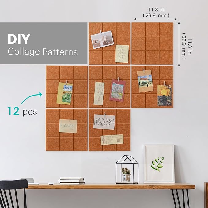 Large Cork Board, 12 Pack Felt Wall Tiles with Safe Removable Adhesive, Bulletin Board for Office, Pin Tack Corkboard for Quilting Design & Dart Wall Protector 48" x 36" - Goldenrod