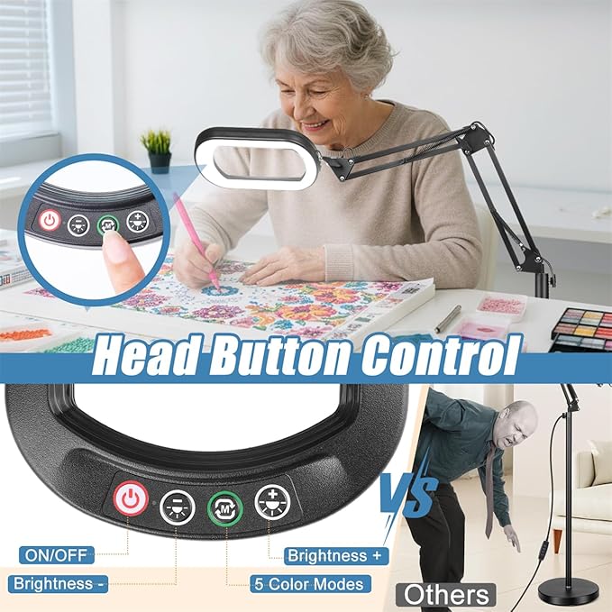12X Magnifying Glass with Light and Stand, Real Glass Lens, 5 Color Modes LED Dimmable Lighted, 3-in-1 Floor Lamp with Clamp, Hands Free Magnifier for Reading, Craft Sewing Painting Close Work