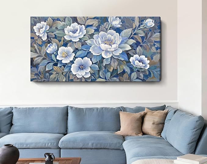 amatop Oversized Wall Art Large Floral Blue Canvas Picture Modern Canvas Wall Decor For Living Room Botanical Artwork Abstract Art Print For Dining Room Bedroom Hallway And Office 58X29