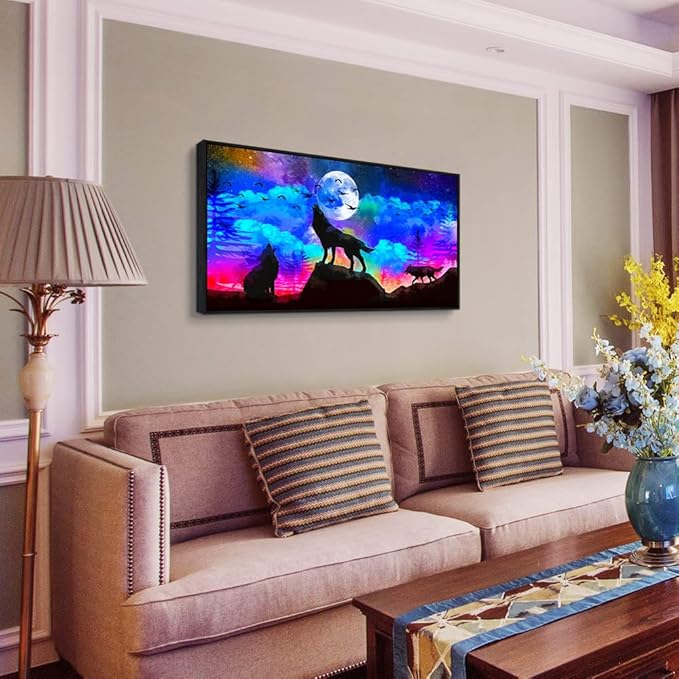Framed Canvas Wolf Landscape Painting Wall Art For Living Room Bathroom Wall Decor For Bedroom Kitchen Artwork Canvas Art Prints Modern Office Home Decorations Blue Starry Sky Hang Pictures