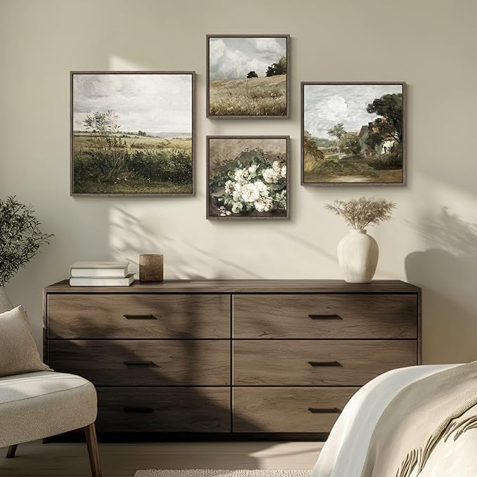 4 Piece Framed Vintage Landscape Wall Art for Living Room, Large Rustic Farmhouse Canvas Pictures Artwork for Walls, French Country Botanical Prints Paintings for Bedroom and Dining Room Wall Decor