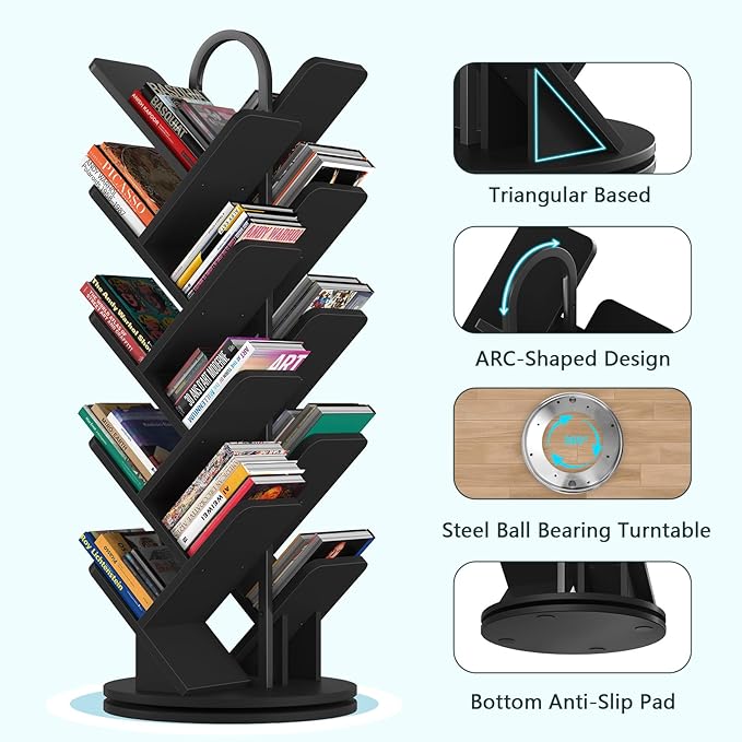 TVU 16-Tier Tree Rotating Bookshelf, 360 Degree Spinning Standing Bookcase for Magazines DVDs Books, Corner Bookcase for Living Room Bedroom Study, Black