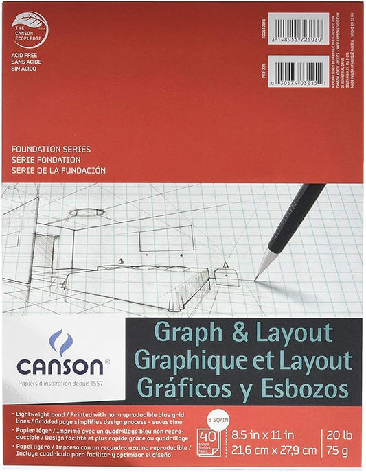 Canson Artist Series Graph and Layout Paper, 8 by 8 Blue Grid, Foldover Pad, 8.5x11 inches, 40 Sheets (20lb/75g) - Artist Paper for Adults and Students - Colored Pencil, Marker, Ink, Pen