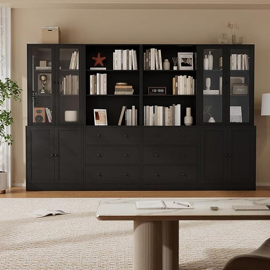 TUSY 71" H Bookshelf with Storage, 6-Tier Modern Bookshelves with 3 Large Drawer, Display Bookcase with Glass Doors, Modern 5-Tier Curio Cabinet for Home Office, Dining Room (Black, ABBA)
