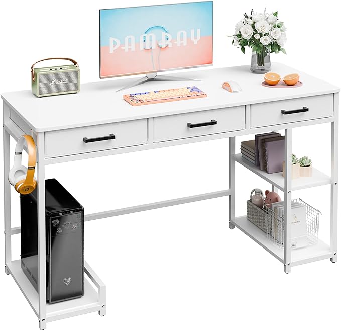 Shahoo Home Office Computer Desk with Drawers & Storage Shelves, 47.2" Modern Writing Table, White