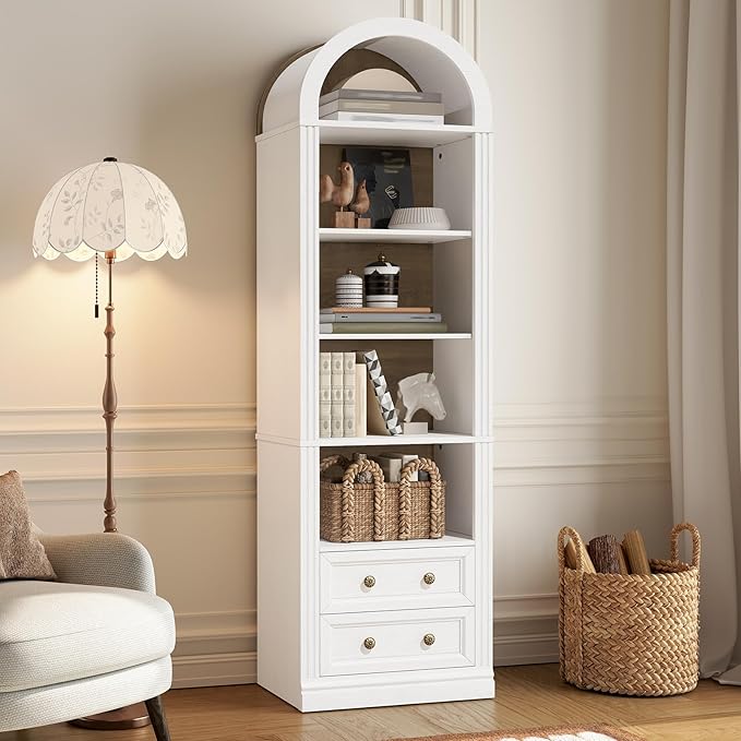 Tall Narrow Bookshelf, Arched Bookshelf with 2 Drawers, 7-Tier Farmhouse Arch Bookcase, Wooden Book Shelf with Open Display Shelves for Office, Living Room, Kitchen, White and Walnut