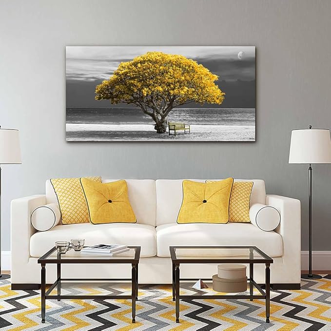 Wapluam Large Canvas Wall Art for Living Room, Office, Bedroom - Black and White Landscape Paintings With Yellow Trees - Framed Pictures Artwork Home Decor Mural 24x48 in