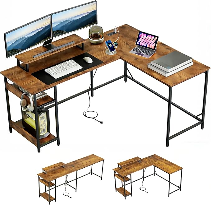 DEVAISE 60 Inch L Shaped Gaming Desk with LED Lights & Power Outlets, Corner Desk for Small Spaces, Sturdy PC Computer Table with Storage for Home Office, Rustic Brown