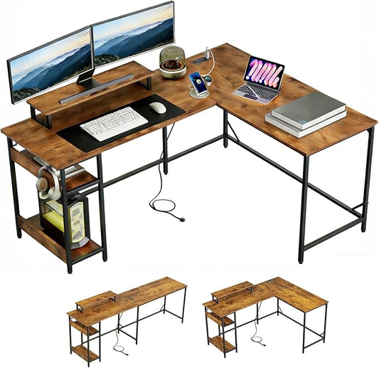 DEVAISE 60 Inch L Shaped Gaming Desk with LED Lights & Power Outlets, Corner Desk for Small Spaces, Sturdy PC Computer Table with Storage for Home Office, Rustic Brown