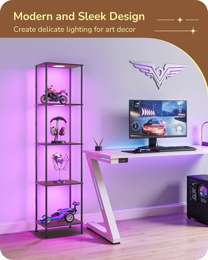 EDISHINE RGBW Standing Lamp, 5-Tier Display Shelf with Light, Adjustable Brightness & Color Temperature, 3 Lighting Modes, Remote Control, Stable Floor Lamps for Living Room, Fire-Burned Wood Color