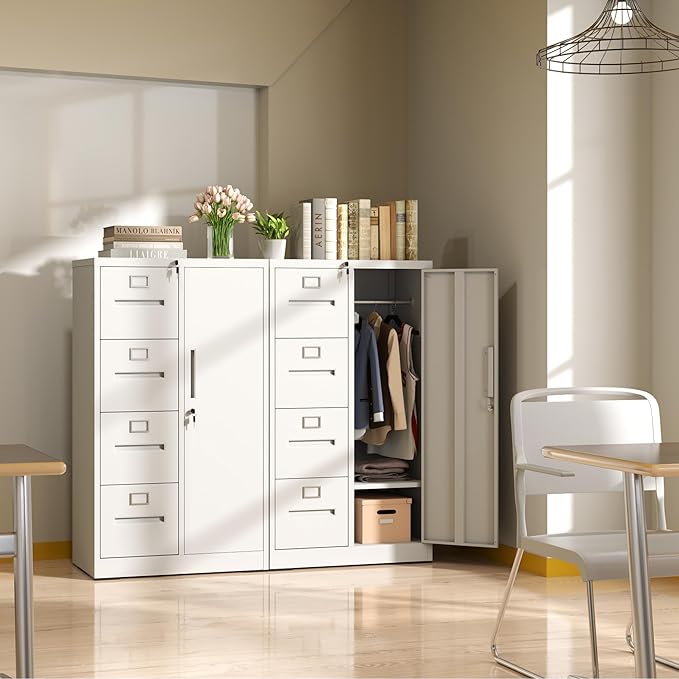 4 Drawer Metal File Cabinet with 1 Door,Steel Storage Locker Cabinets for Employees,Home Office White Filing Cabinets for Legal/Letter Size Files,Assembly Required