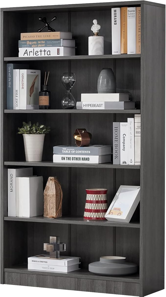 Farini Grey Bookshelf for Bedroom 5 Shelf Office Bookcase 60 Inches Tall Modern Wood Bookshelf for Living Room 5 Tier Wide Manga Bookshelves Library Bookcase