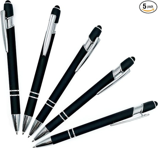 Lenden Pack of 5 Rubberized Comfort Soft Touch 2 in 1 Ballpoint Pen Capacitive Stylus Tip, Premium Metal Medium Point, Black Ink, Compatible with Most Touch Screens (Black)